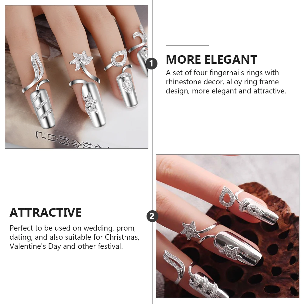 

4pcs Rhinestone Nail Rings Elegant Claw Jewelry for Women Christmas Gift Valentine Decorative Hand Accessories