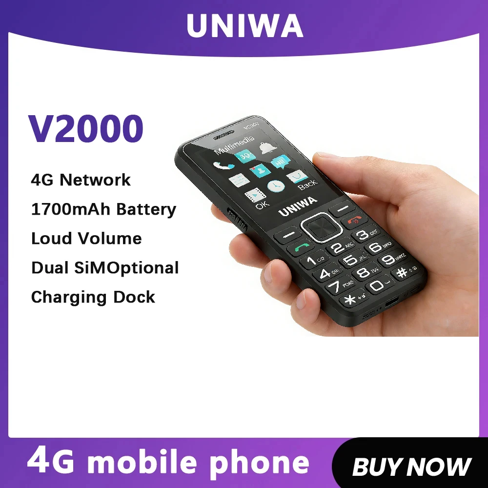 UNIWA V2000 Phone Big Push-Button Dual Screen 0.3MP Camera FM Radio Keyboard 1700mAh 4G Cellphone Support one click dialing