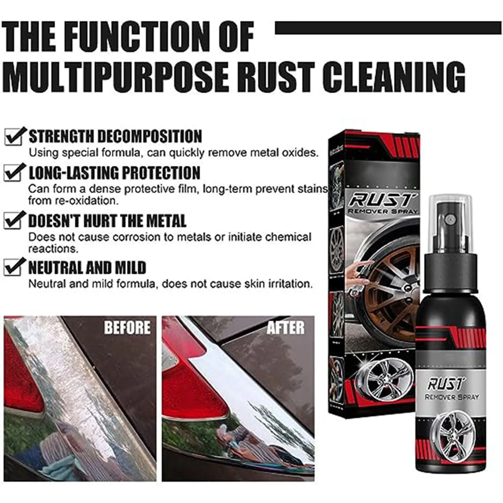 Multifunctional Metal Rust Remover Prevent Rust Protective Paint Strong Rust Removal Suitable for Car Wheels Bicycle Chains