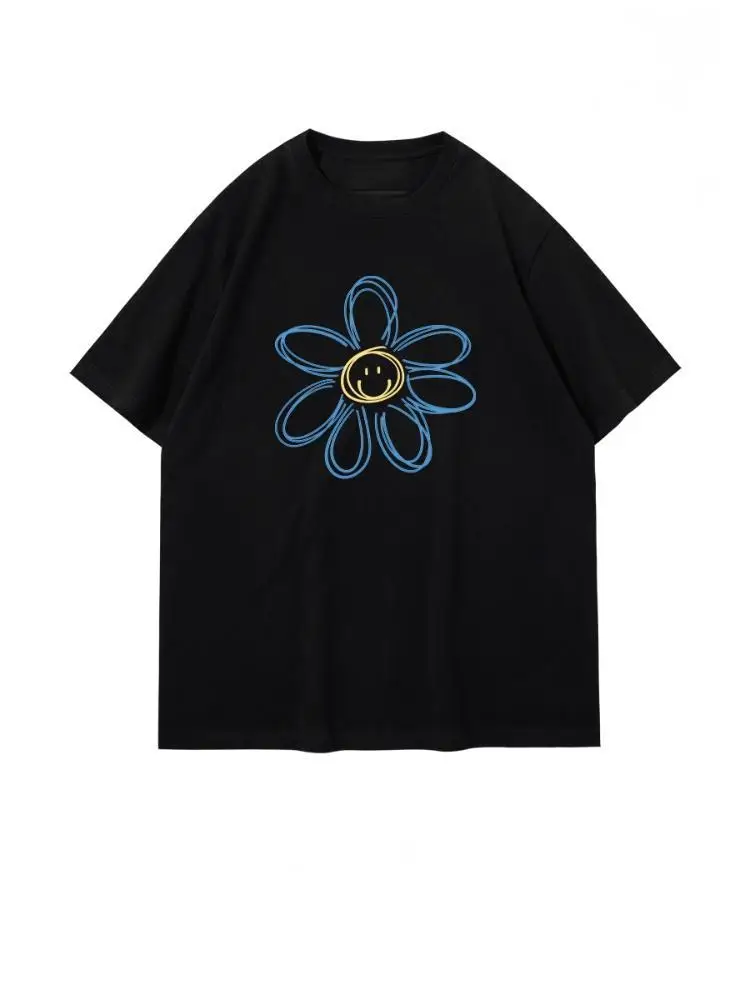 Niebieska koszulka z krótkim rękawem, z prostymi ramionami, wykonana z czystej bawełny, damska, nowa, luźna, z rękawem do połowy ramienia, biała bluzka damska w stylu Y2k.