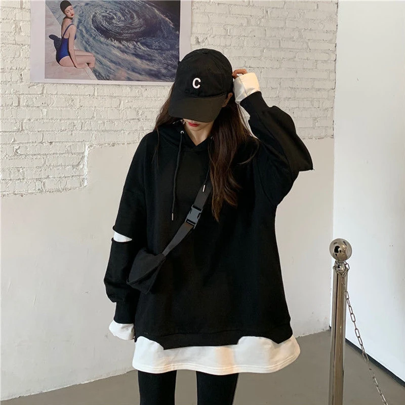 Autumn New Contrast Lazy Style Fake Two Piece Top Hoodies Long Sleeve Loose Patchwork Pullovers Casual Fashion Women Clothing