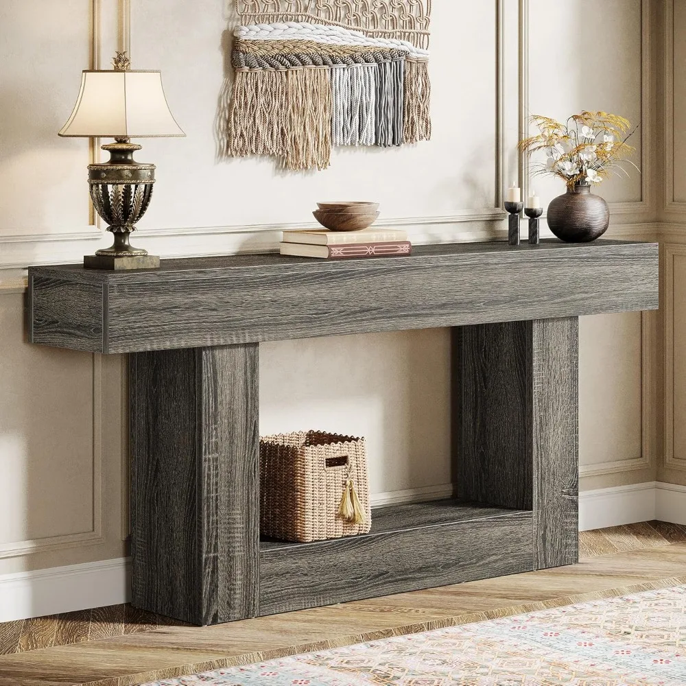

63" Console Table, Farmhouse 2-Tier Entryway Table with U-Shaped Base, Narrow Long Wood Sofa Table Behind Couch Table
