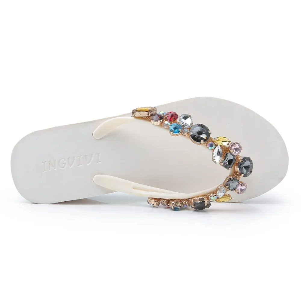 Flip Flops Women's Glass Water Diamond Slippers Women Slope Heel Colored Diamond Toe Slippers Fashion Casual Beach Sandals