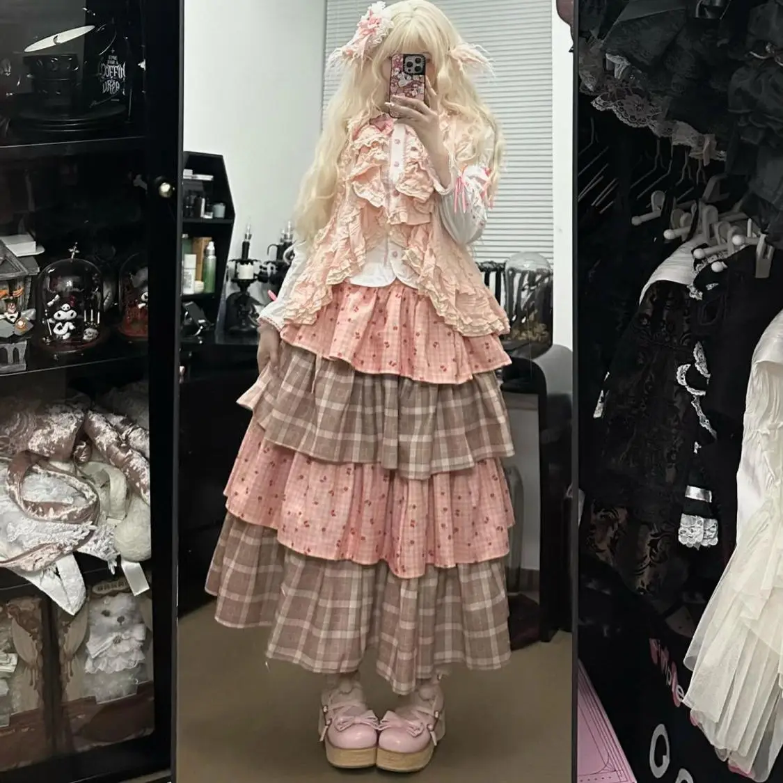 Vintage Y2K Multi-layered Patchwork Puffy Skirt Women's Cute Faionable f-length Skirts for Young Women 8-25 Years Old