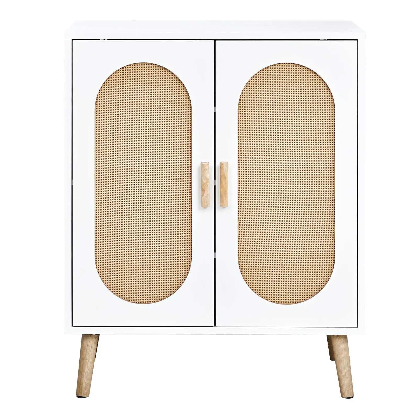 2-Door Vertical Shoe Cabinet - White Particle Board, Rattan Surface, Gold High Feet