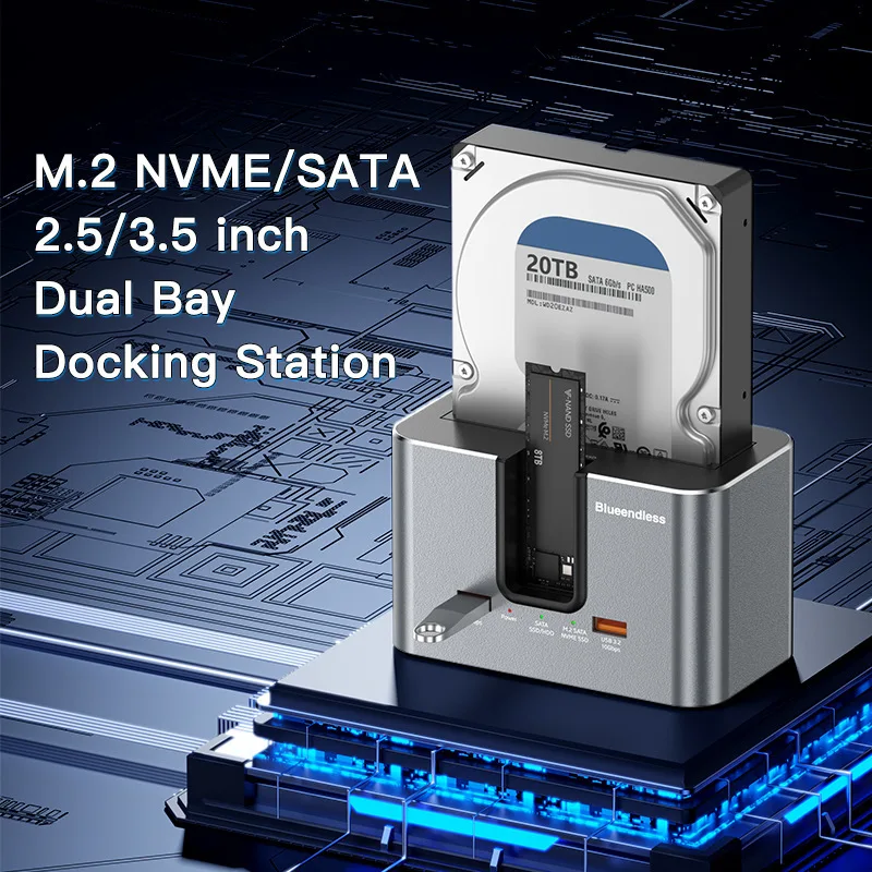 M.2 NVMe&SATA SSD for 2.5"/3.5" SATA SSD/HDD USB-C Dual Bay Hard Drive Docking Station with 2*USB 3.2 Interfaces