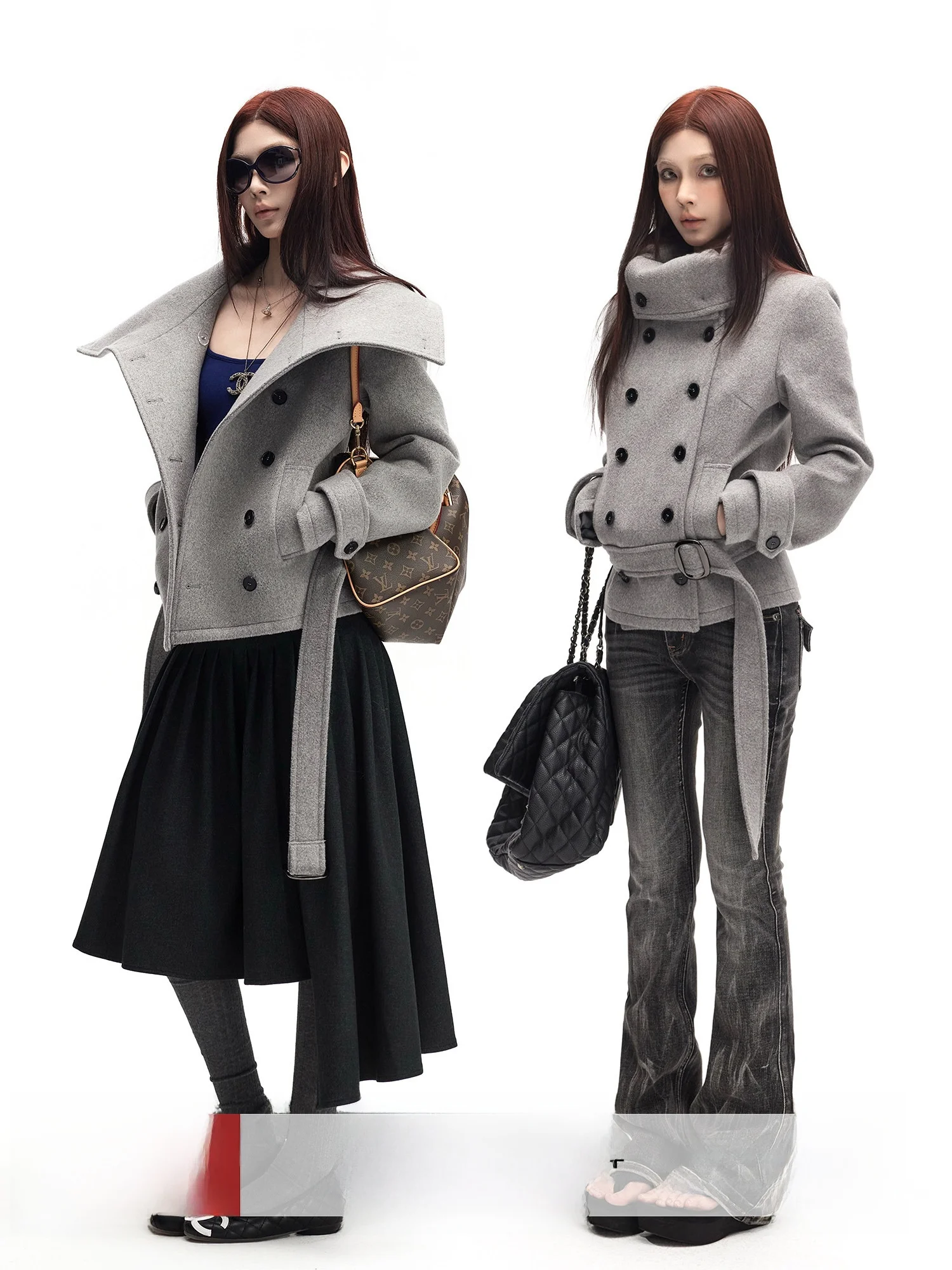 

Short Woolen Jacket High Collar Loose Fit Double Breasted Flip Collar Waist Belted Multi-Way Wear Commute Style Pure Color