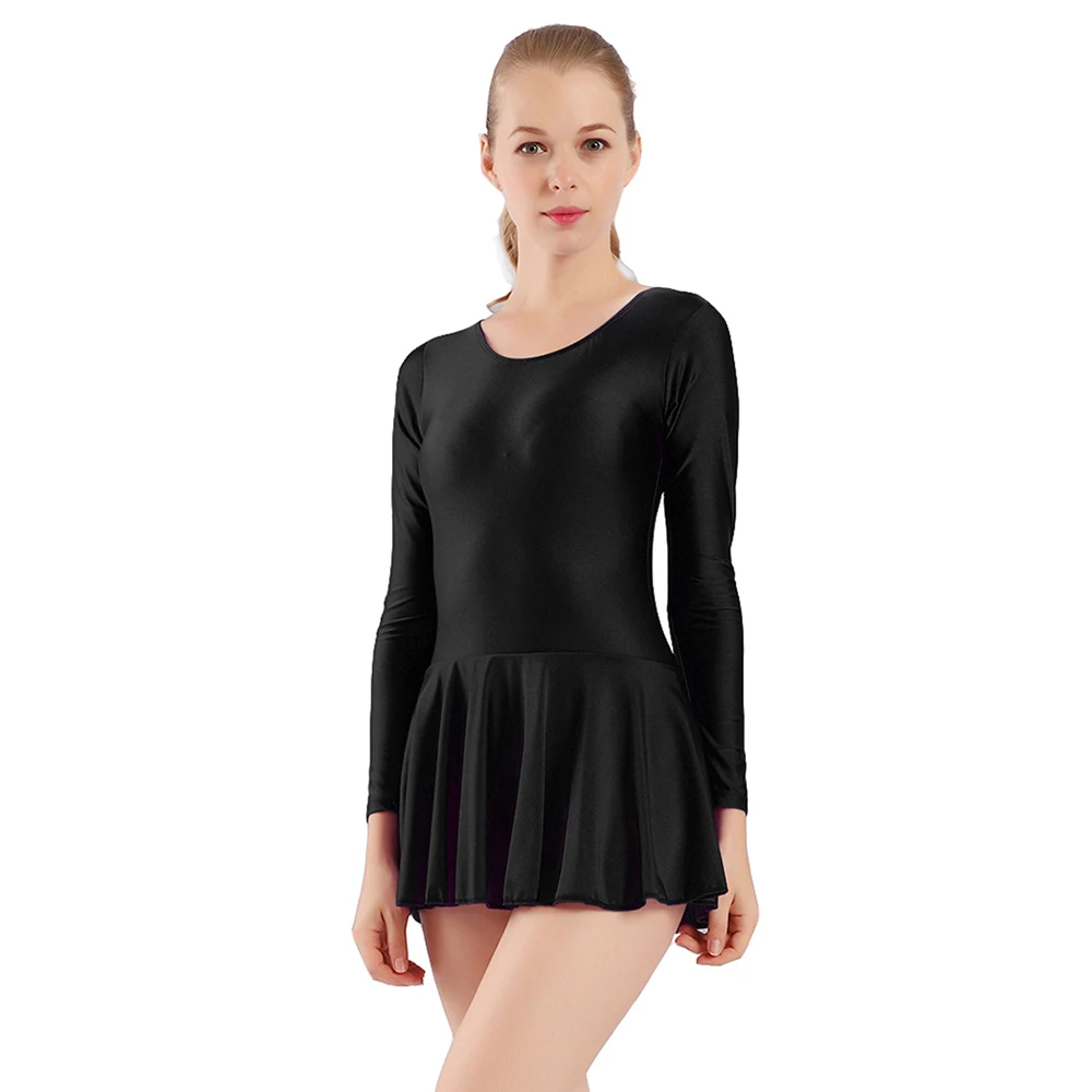 Women black Ballet Dance Skirted Leotard One Piece Long Sleeve Bodysuit With Skirts Latin Scoop Neck Gymnastics Dresses