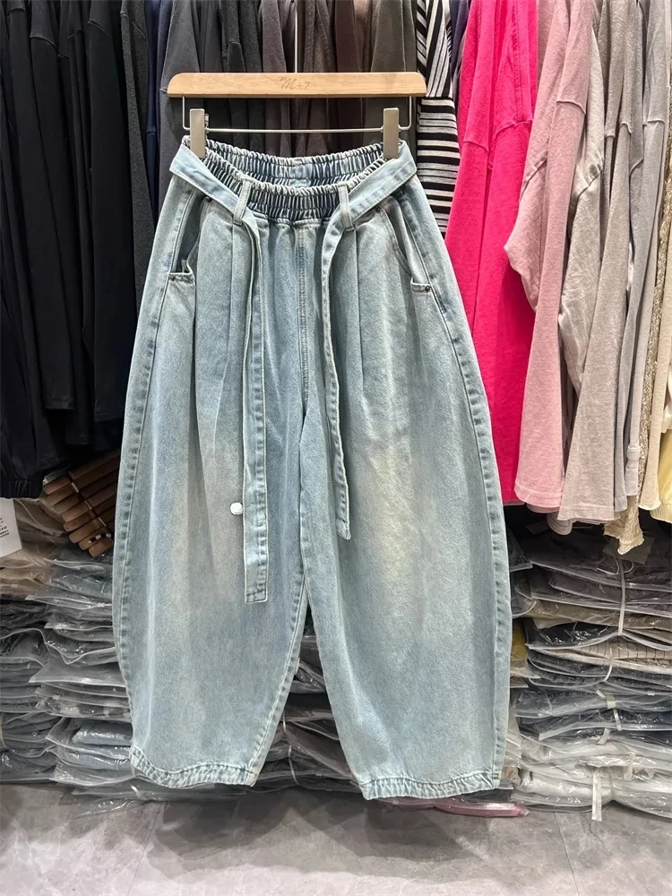 

Винтажные джинсовые джинсы с высокой талией и широкими штанинами, женские летние свободные повседневные длинные брюки больших размеров с завязками в Корейском стиле