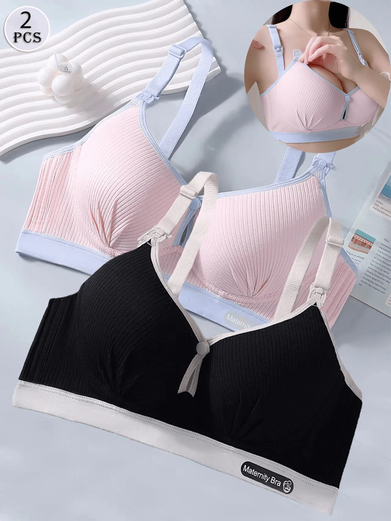 2PCS Pure Cotton Maternity Bra for Pregnant Women with Steel Ring Anti-Sagging Postpartum Comfortable Breathable for Breastfeed