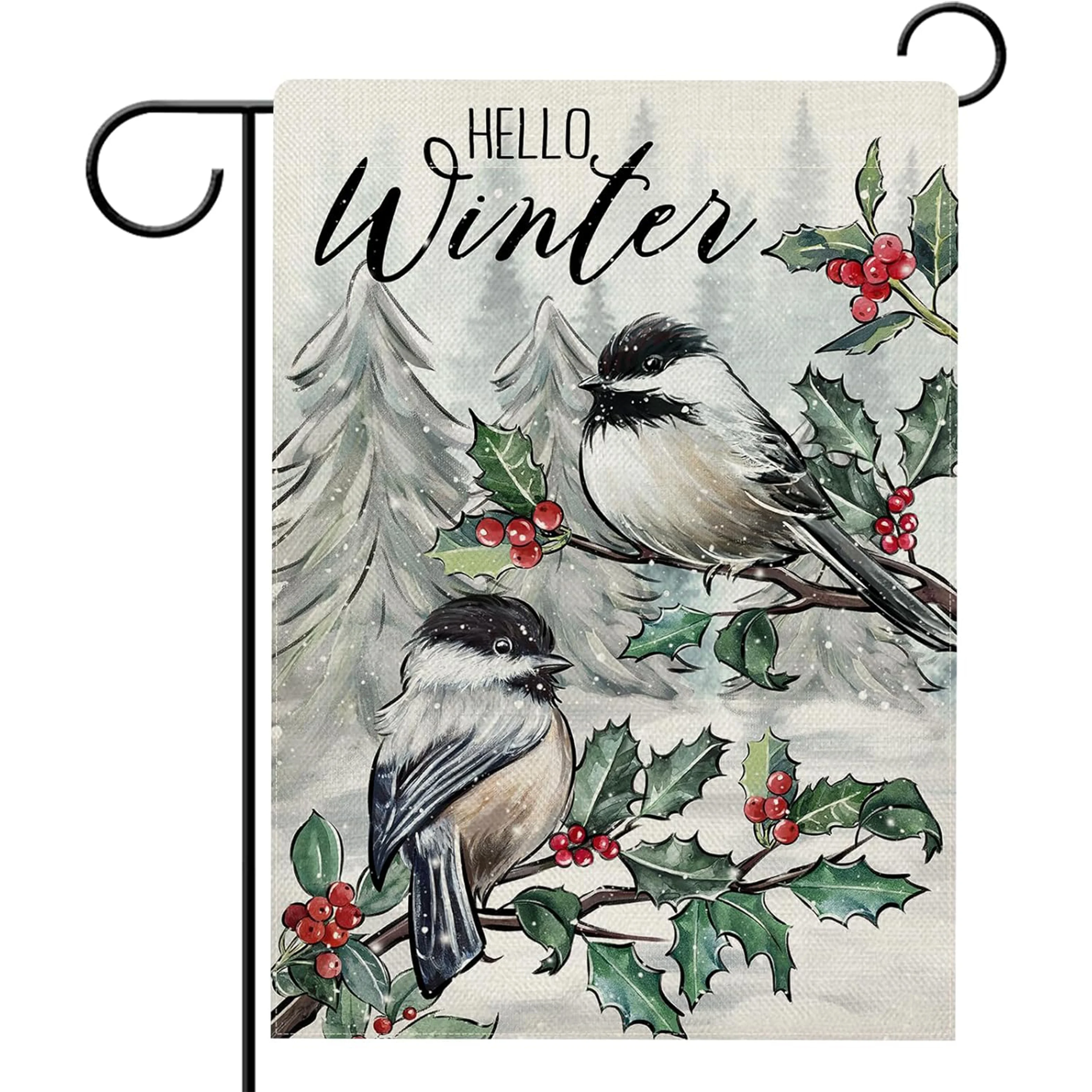Pack of 1, Hello Winter Birds Garden Flag, Double Sided, Red Berry Pine Branches, Farmhouse Decoration Patio Outdoor Home Decoration, Snow Forest Christmas Outdoor House Decoration 12X18 Inches/28X40 Inches (Flags Only)