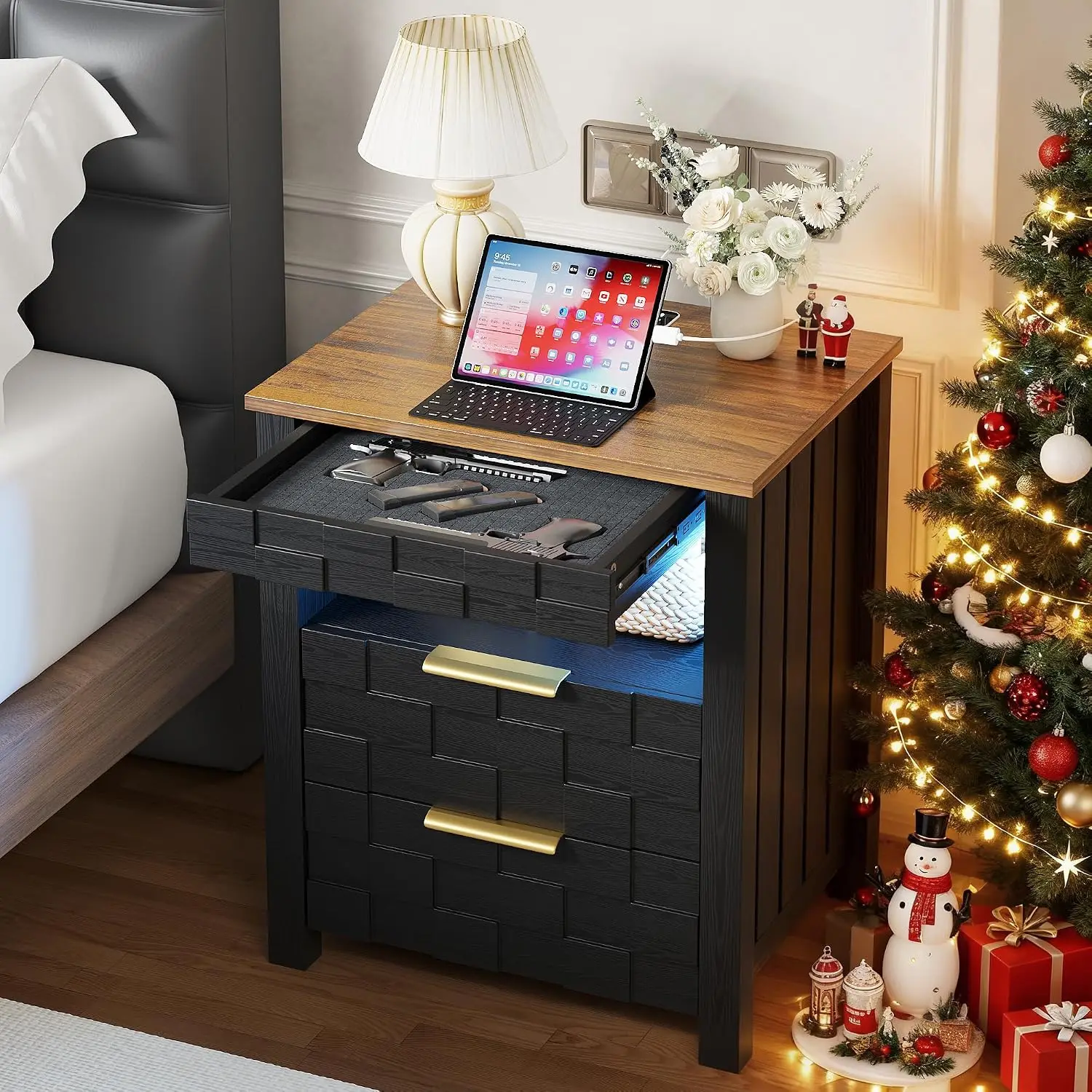 Gun Nightstand with Charging Station & 3 Drawers | Smart 3-Color Motion Sensor LED Lights, Hidden Safe Compartment, Black