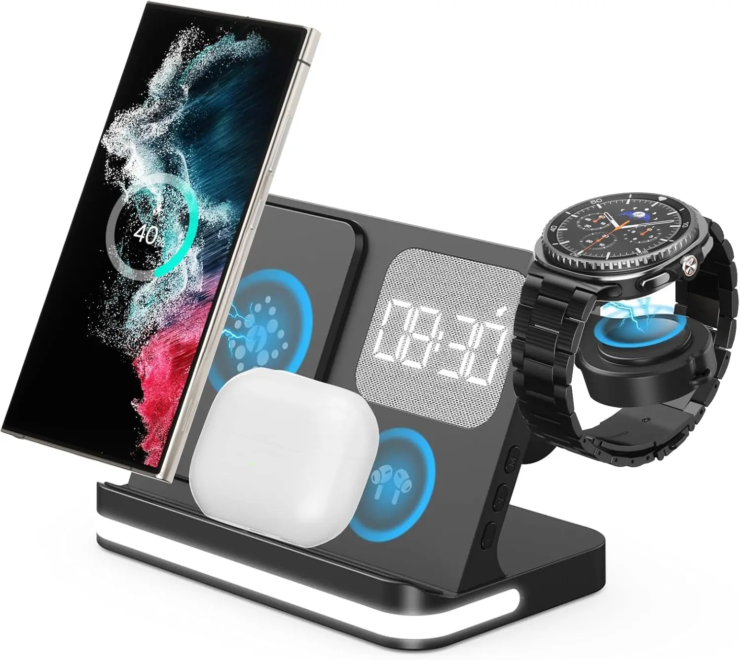 

4-in-1 Wireless Charger with Alarm Clock for Galaxy Watch, S25, S24, Buds 3/2/Pro