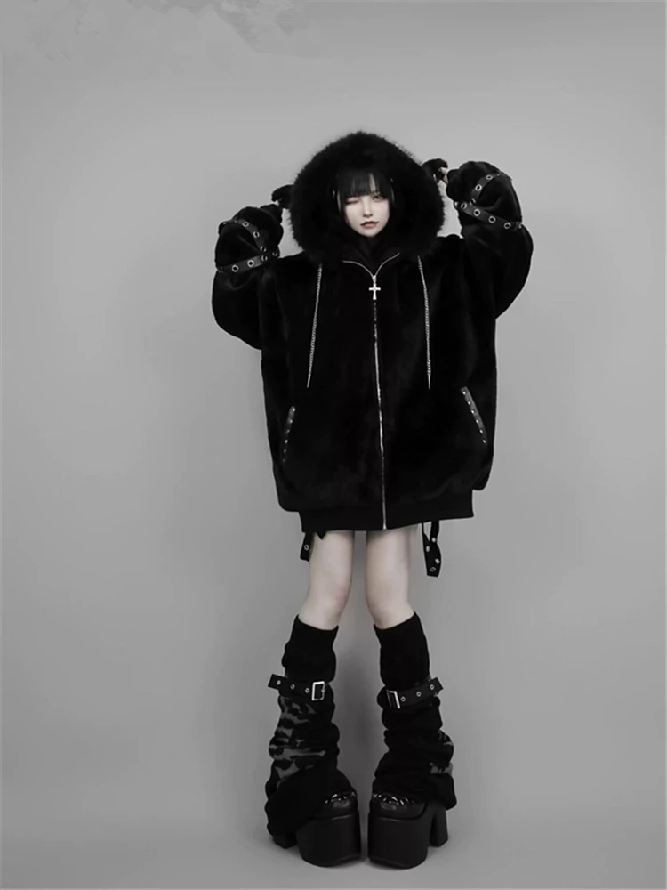

Women's Hooded Lamb Fur Cotton Jacket Thickened Fleece Lined Autumn Winter New Style Korean Version Long Sleeve Zipper Pocket