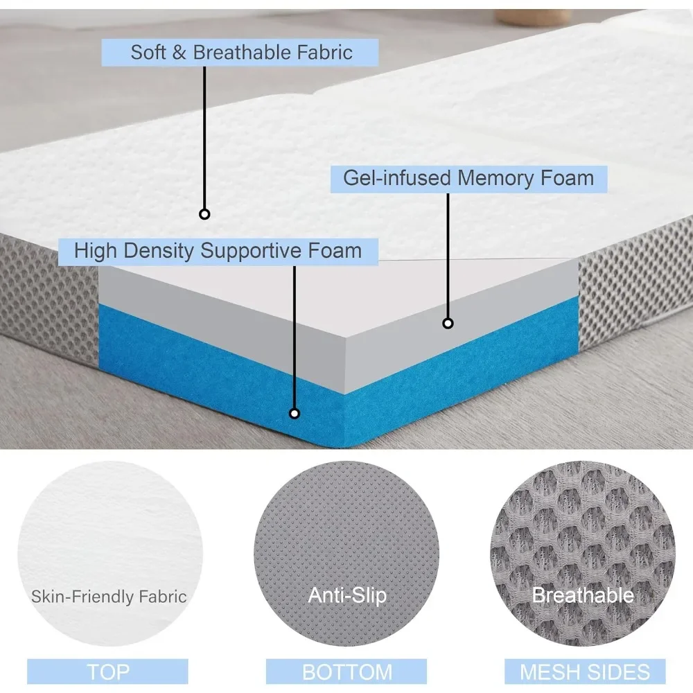 Memory Foam Folding Mattress, 4 Inch Gel-Infused Foldable Floor Mattress, Breathable Tri-fold Mattress Topper with Cover,