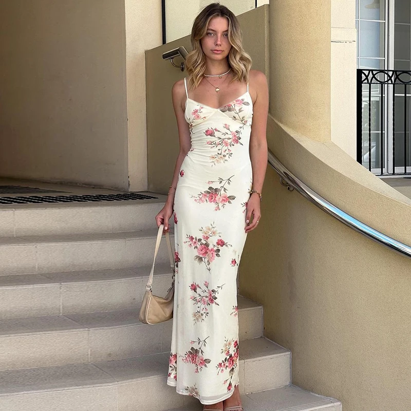 Fashion sexy Y2K Clothes Floral Print Sleeveless Backless Bodycon Maxi Dresses For Women 2024 Club Birthday Party Elegant Dress