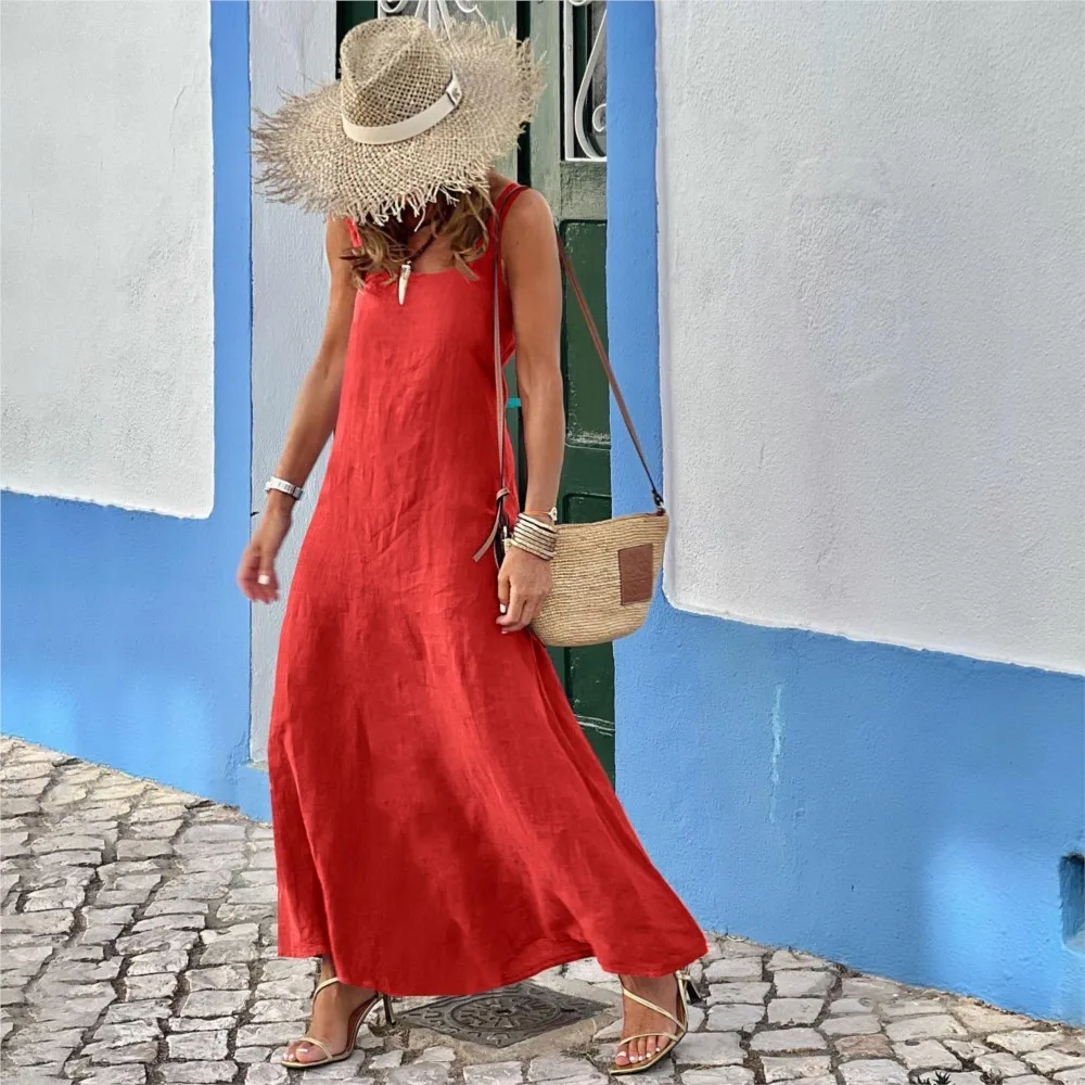 

Fashion Suspender Sexy Cotton Linen Women's Sleeveless Dress Summer New Casual Solid Color Female Seaside Long Vest Dresses 2026