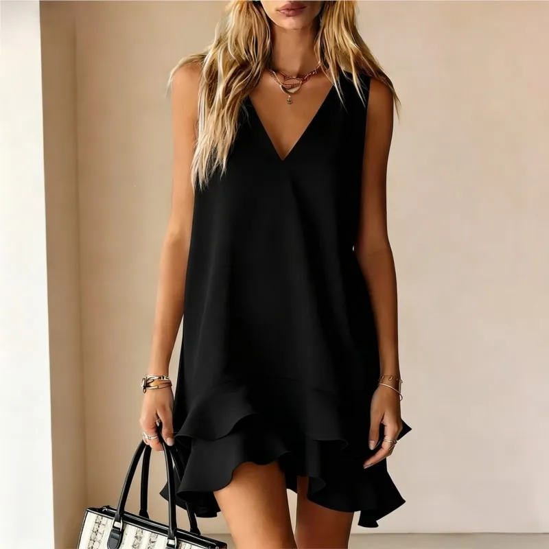 Fashion Solid Mini Dresses Summer New Women's Elegant Casual V-neck Sleeveless Ruffle Short Dress For Women Robe Femme Vestidos - Image 5