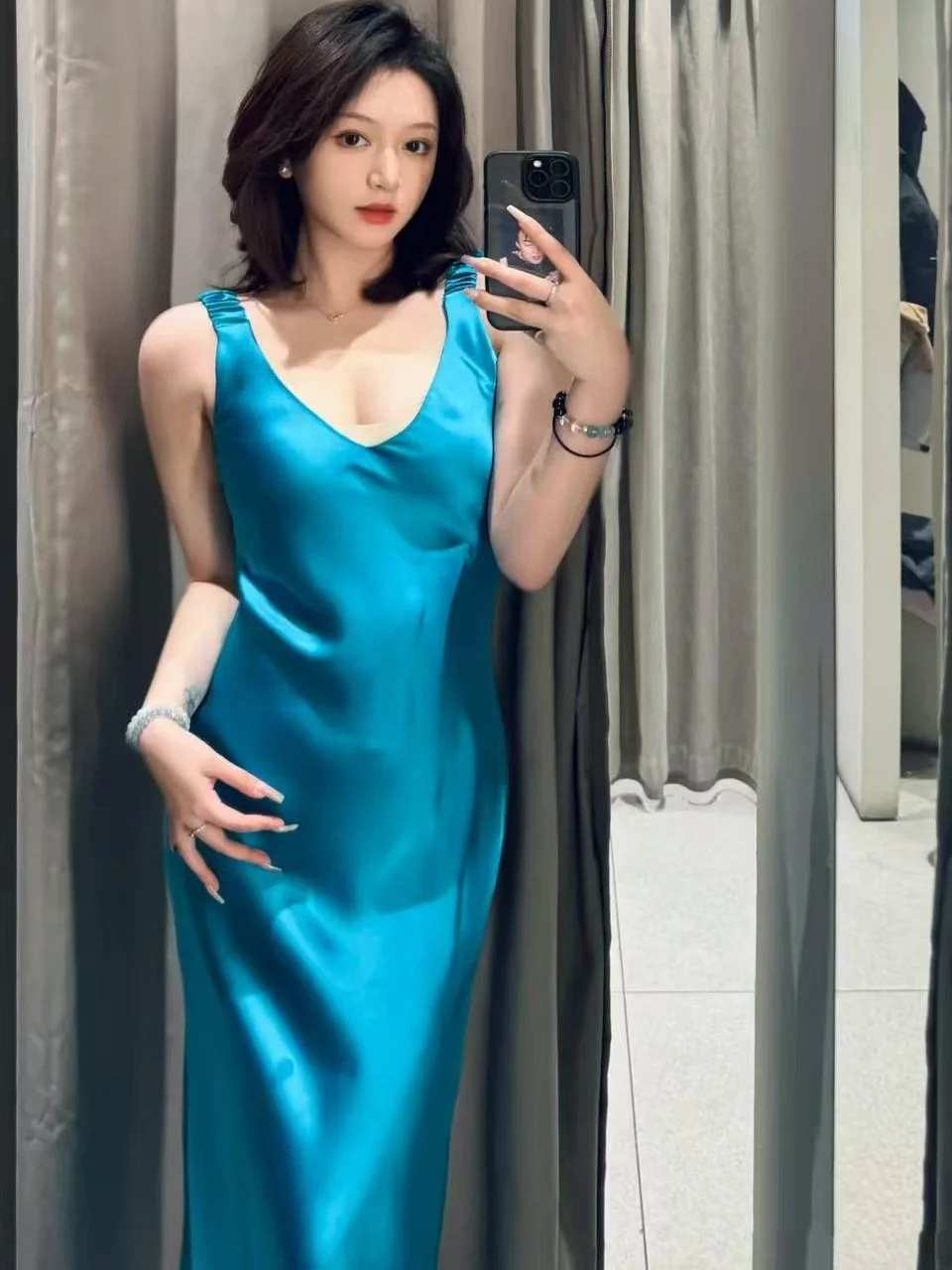 Spring Summer New Arrival Women's High-End Silk Satin V-ne Midi Long Dr Korean Sle High Waist Summer Commute Dr