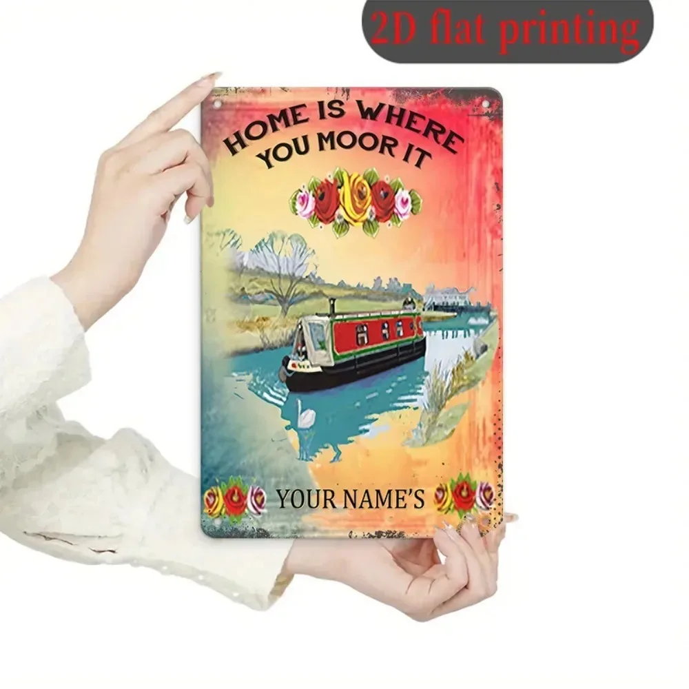 CIFbuy Canal Narrow Boat Metal Plaque,Custom Name Home Is Where You Moor It Wall Ornament (Only For Decoration)