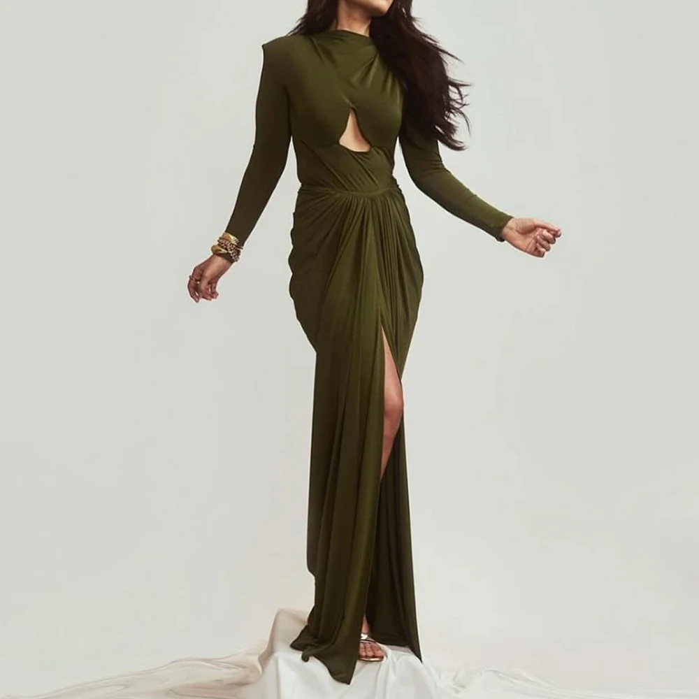 

Customized Fomal Off The Shoulder Jersey Evening Dress Temperament Straight Floor Length Boat Neck Long Sleeves платье вечернее