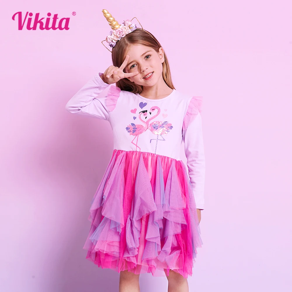 

VIKITA Girls Dress Flamingo Girls Princess Dress Children Sequins Layered Gauze Cotton Skirt for Girl Vestidos Outfit