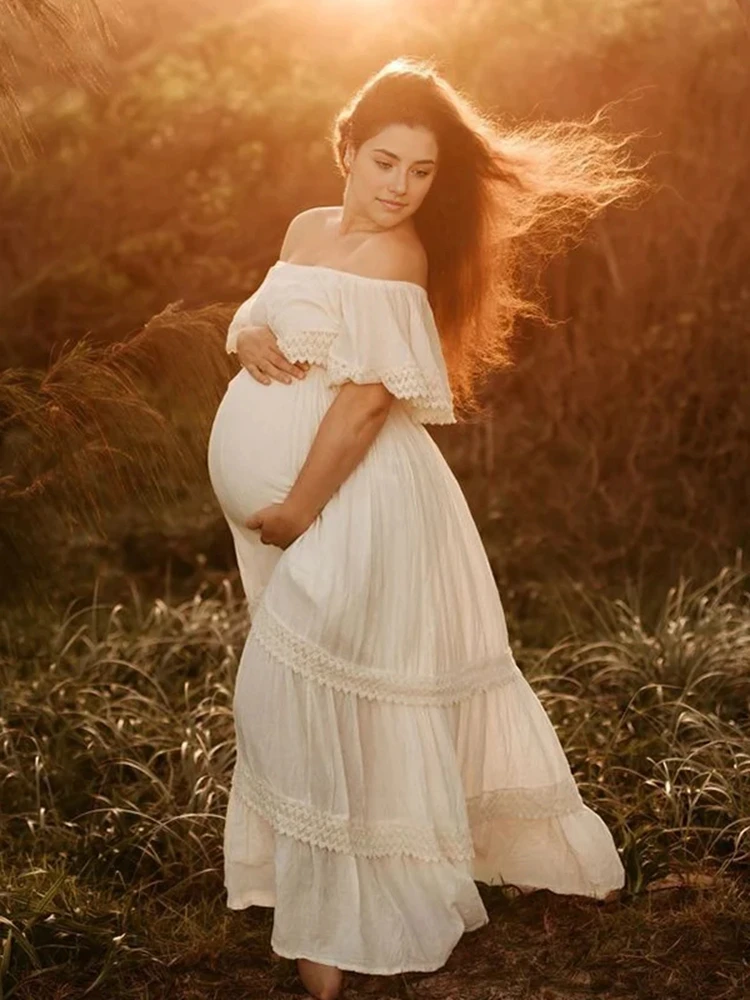 Boho Maternity Off Shoulder Lace Tiered Maxi Dress Forest Style Pregnancy Photo Shoot Gown Baby Shower Maternity Photography