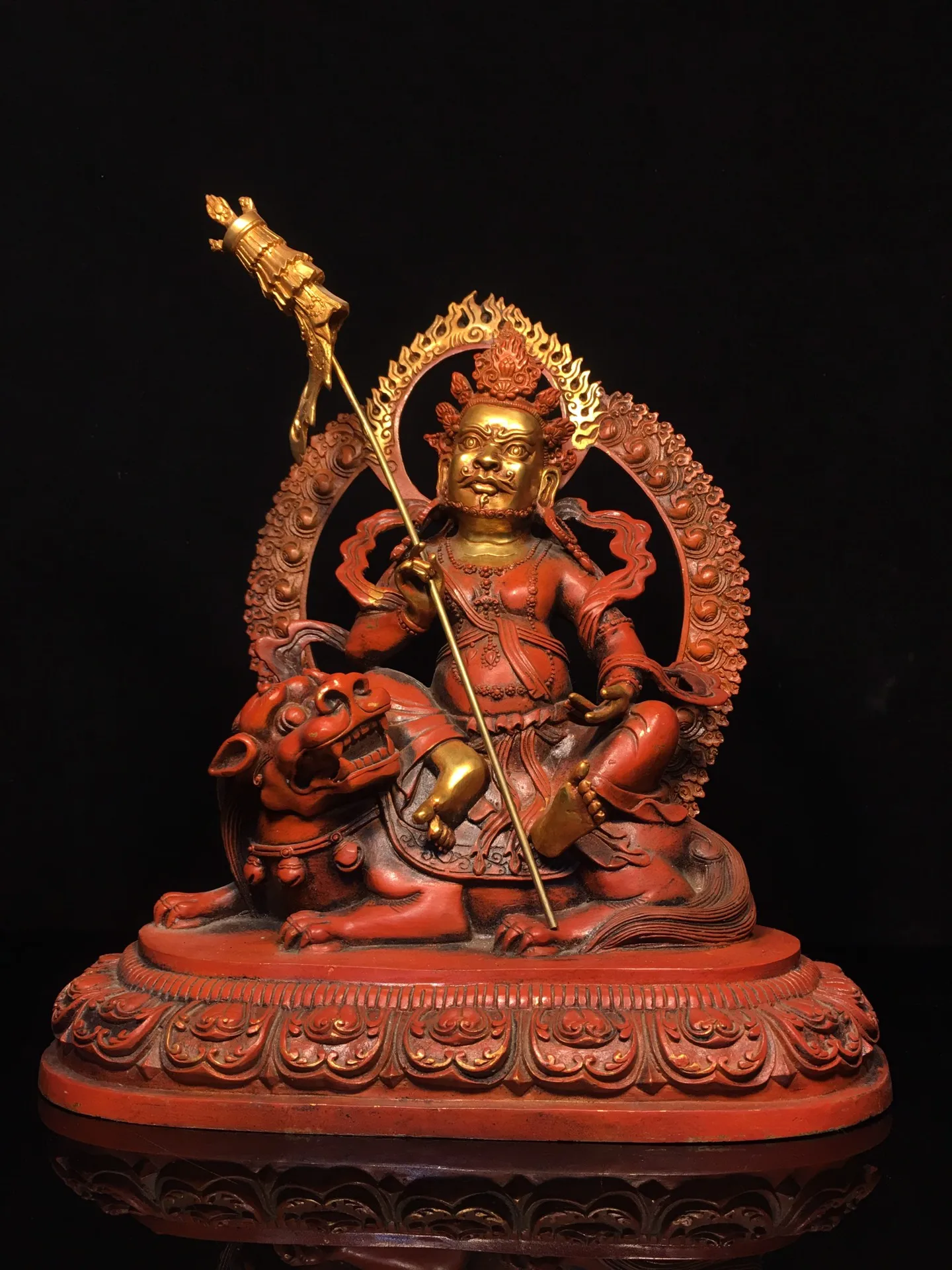 

13"Tibet Temple Collection Old Bronze Cinnabar Gilded Vaisravana Buddha Treasure King Backlit Lotus Table Worship Hall