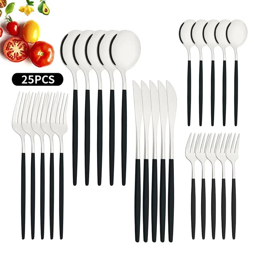 Black Silver Cutlery Set Dinnenrware Set Stainless Steel Flatware Dinner Knife Fork Spoon Tableware For Home Service for 5