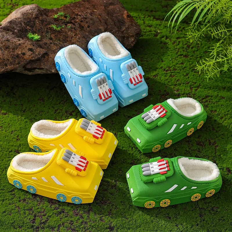 New Boys and Girls' Slippers Winter Plush Insulation Waterproof and Anti Slip Cotton Slippers Children's Cartoon Car Slippers