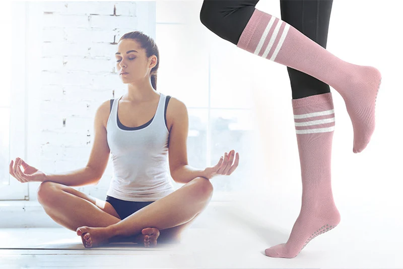 Herbst Winter Frauen Yoga Socken Gestreiften Baumwolle Fitness Atmungsaktive Pilates Socken Mittelrohr Nicht-Slip Gym Dance Ballett Grip socken – Detail 1