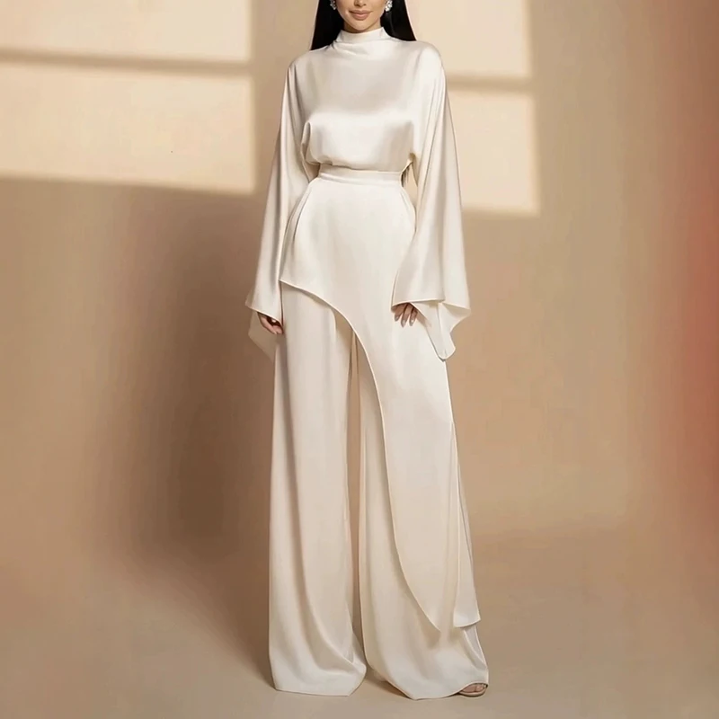 Fashion Stand Collar Irregular Top & Pant Sets Autumn Winter Casual Long Sleeve Satin Suits Women Elegant Commute Solid Outfits