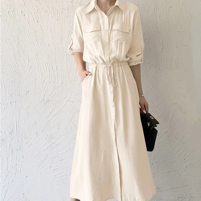 Matakawa Shirt Dresses for Women Solid Long Sleeve Japan Style Elegant Vestidos A-line Simple Fashion Casual Long Dress Vintage