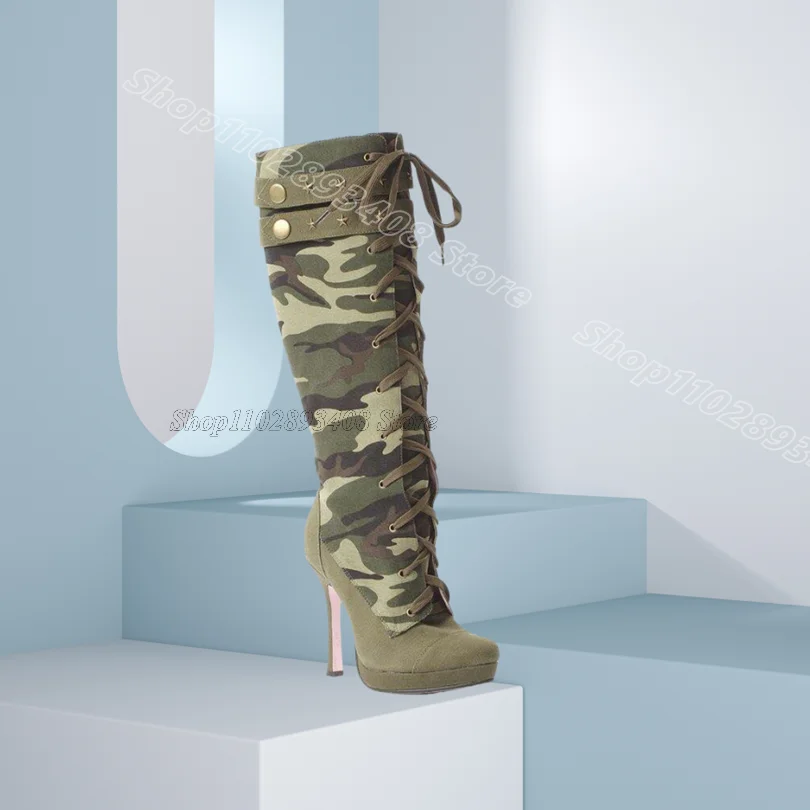 

Camouflage Patchwork Design Boots Stiletto Lace up Design for Women Fashion Dress Party Rivet Boots 2025 Zapatos Para Mujere