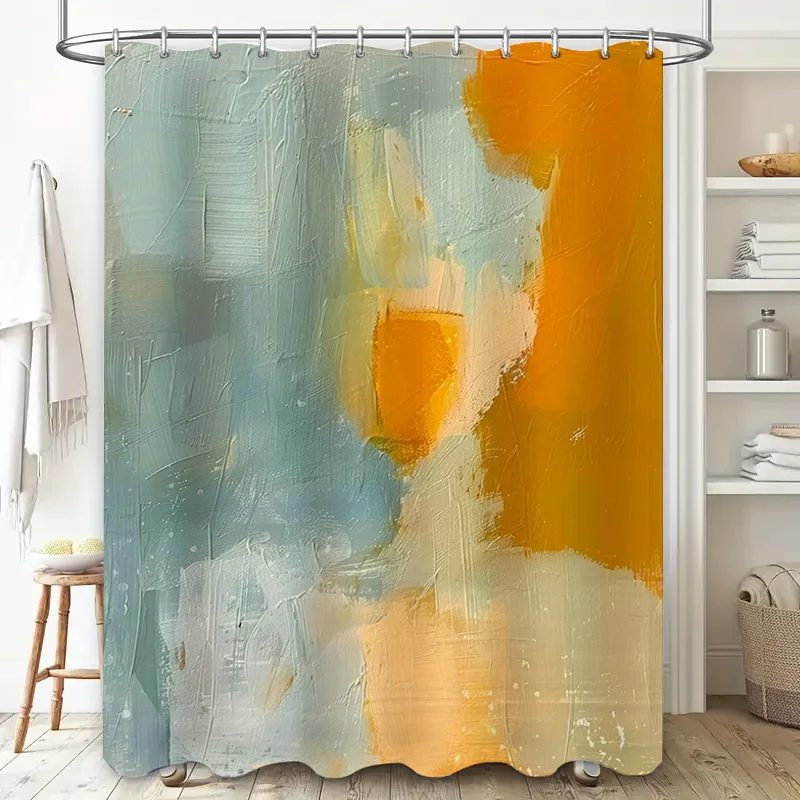 ستارة حمام رسم زيتي تجريدي بألوان زرقاء وأصفر لديكور الحمام ستائر الدش الفنية الحديثة