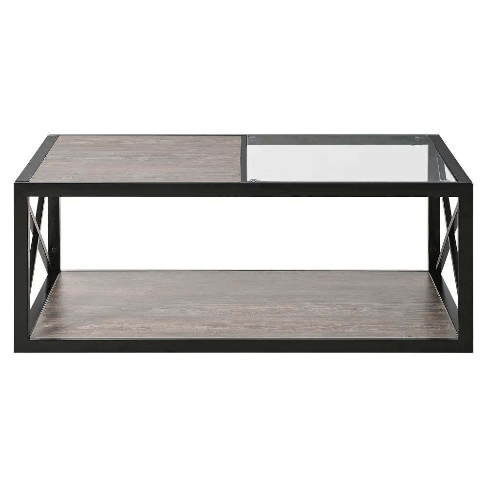 Modern Coffee Table for Bedroom & Living Room Tempered Glass&Rustic Wood Grain MDF Industrial Style Coffee Table