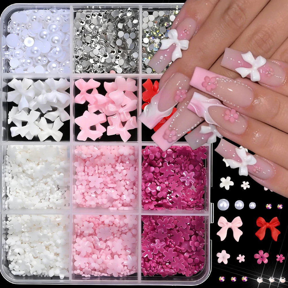 

12Grids 3D Mixed Pink White Blossom/Pearls/Round Diamond/Ribbon Nail Charms Mini Resin Flower Bow Nail Art Accessories Decoratio