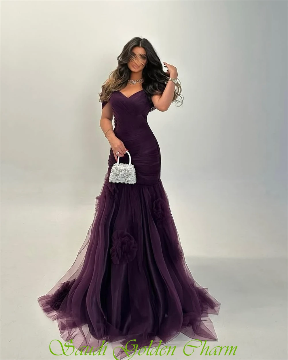 Abito da sera semplice in organza viola personalizzato Boho Sweetheart con spalle scoperte Abito da festa Abito da ballo sexy con strascico a sirena