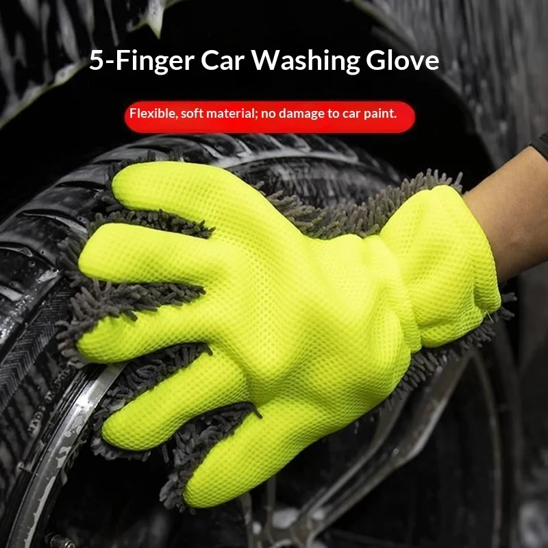 1 Pair 5-Finger Chenille Car Wash Mitt-Super Absorbent & Scratch-Free Sandwich Weave Glove for Auto Detailing Household Cleaning