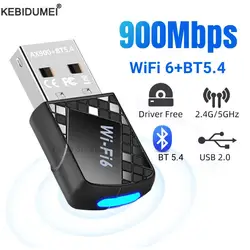 Adaptador USB WiFi 6 Bluetooth 5,4 de 900Mbps, Dongle 2 en 1, receptor Wlan inalámbrico de red de doble banda 2,4G 5G, controlador gratuito