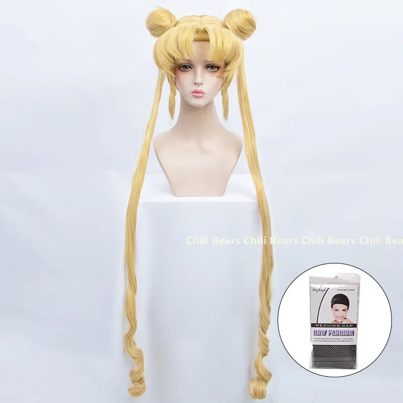 Cổ Điển Nhật Bản Anime Thủy Thủ Mặt Trăng Cosplay Bộ Tóc Giả Usagi Tsukino Vai Trò Chơi Màu Sắc Vàng Dài Tóc Giả Với 2 Bánh Trang Phục