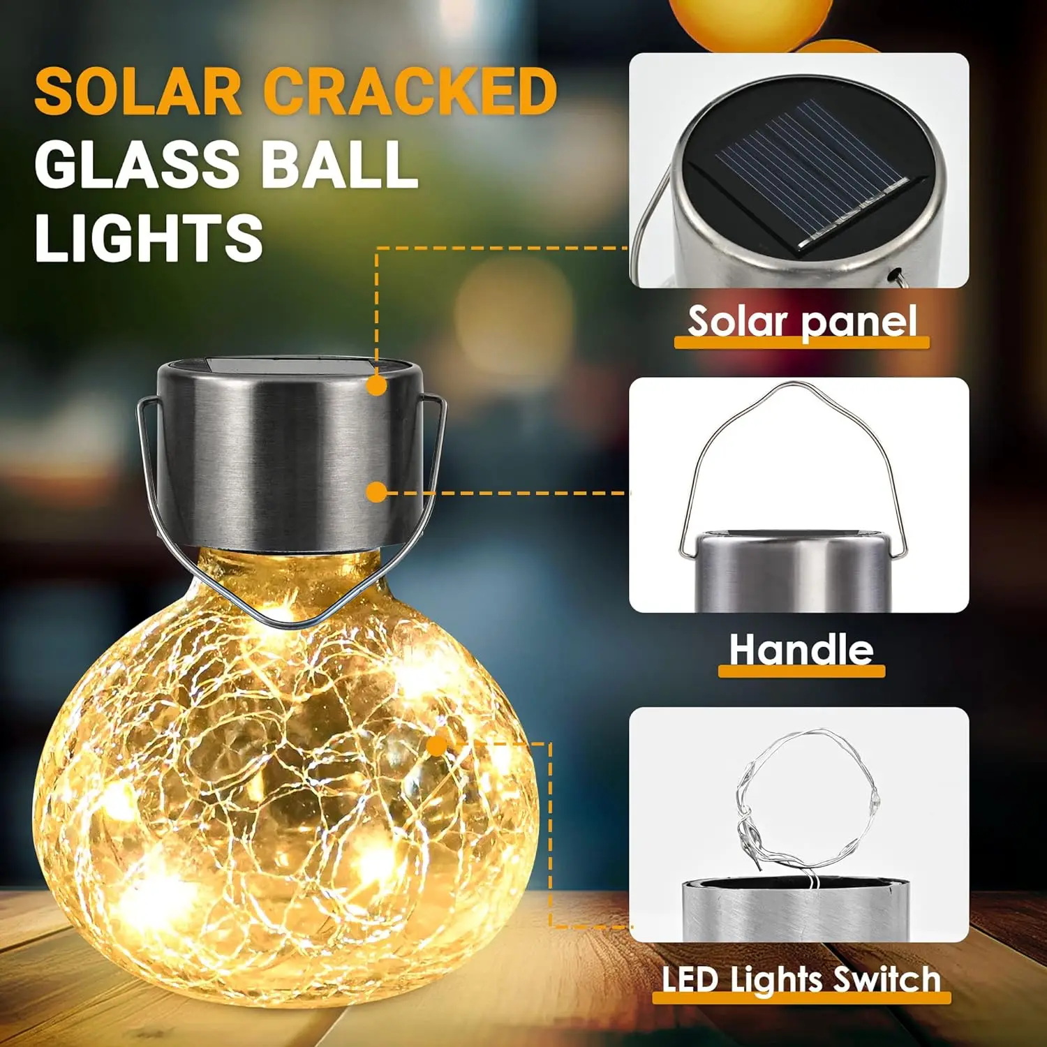 1/4pcs Hanging Solar Light LED Cracked Glass Ball Lights Outdoor Waterproof Garden Yard Lawn Patio Holiday Decoration