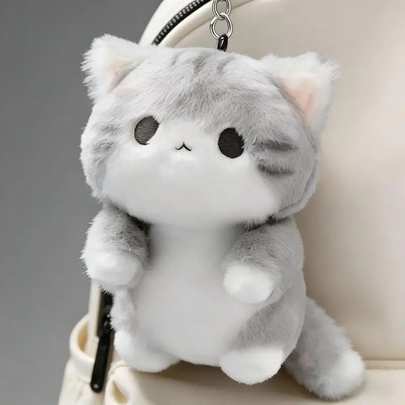 Soft Fluffy Grey Unique Plush Cat Keychain Cute Stuffed Animal Pendant for Backpack Bag Car Key Hanging Decoration