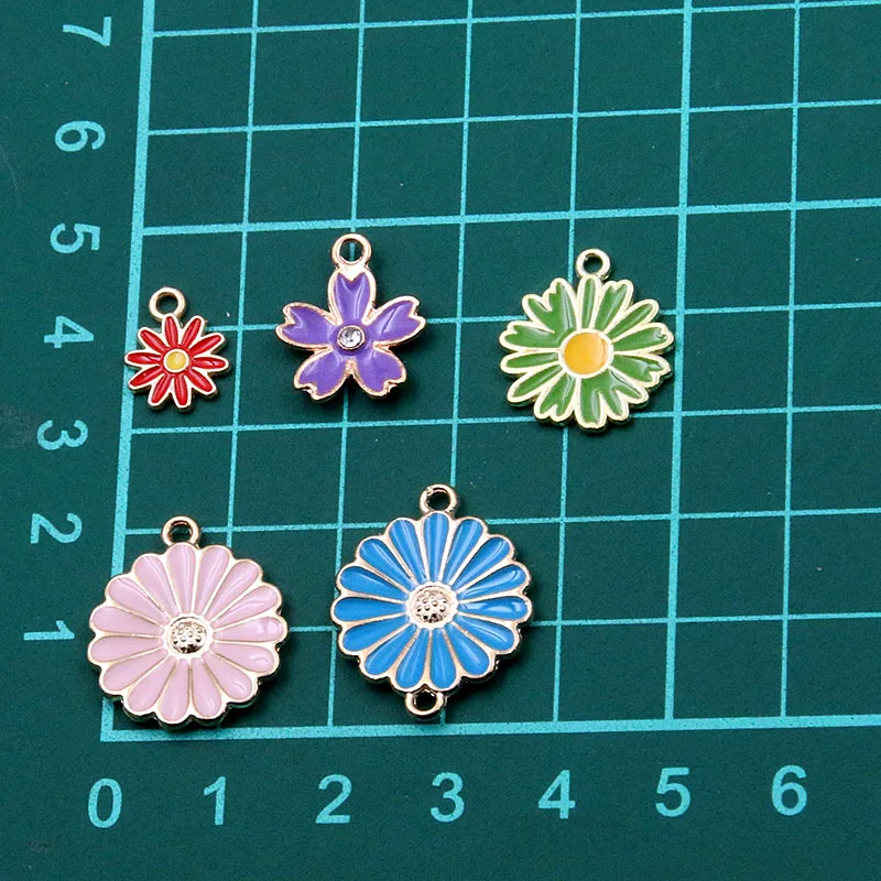 10PCS 7 Styles Mix Color Alloy Metal Drop Oil Colorful Flower Charms Plant Pendant For DIY Bracelet Necklace Jewelry Making