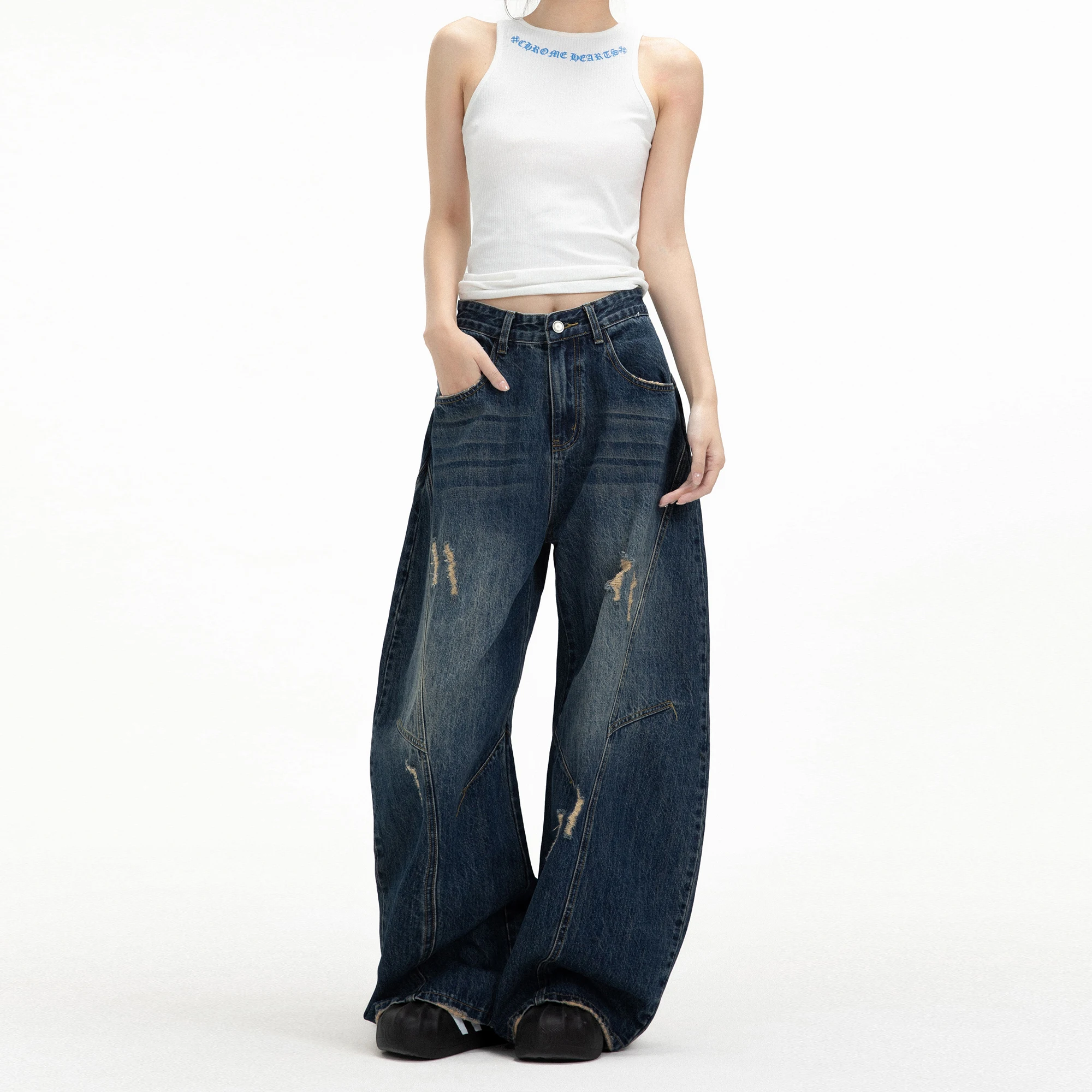 

Retro American Denim Jeans Women Loose Wide Leg Pants Casual Straight Cut Torn V-ape Casual Long Trousers Trendy