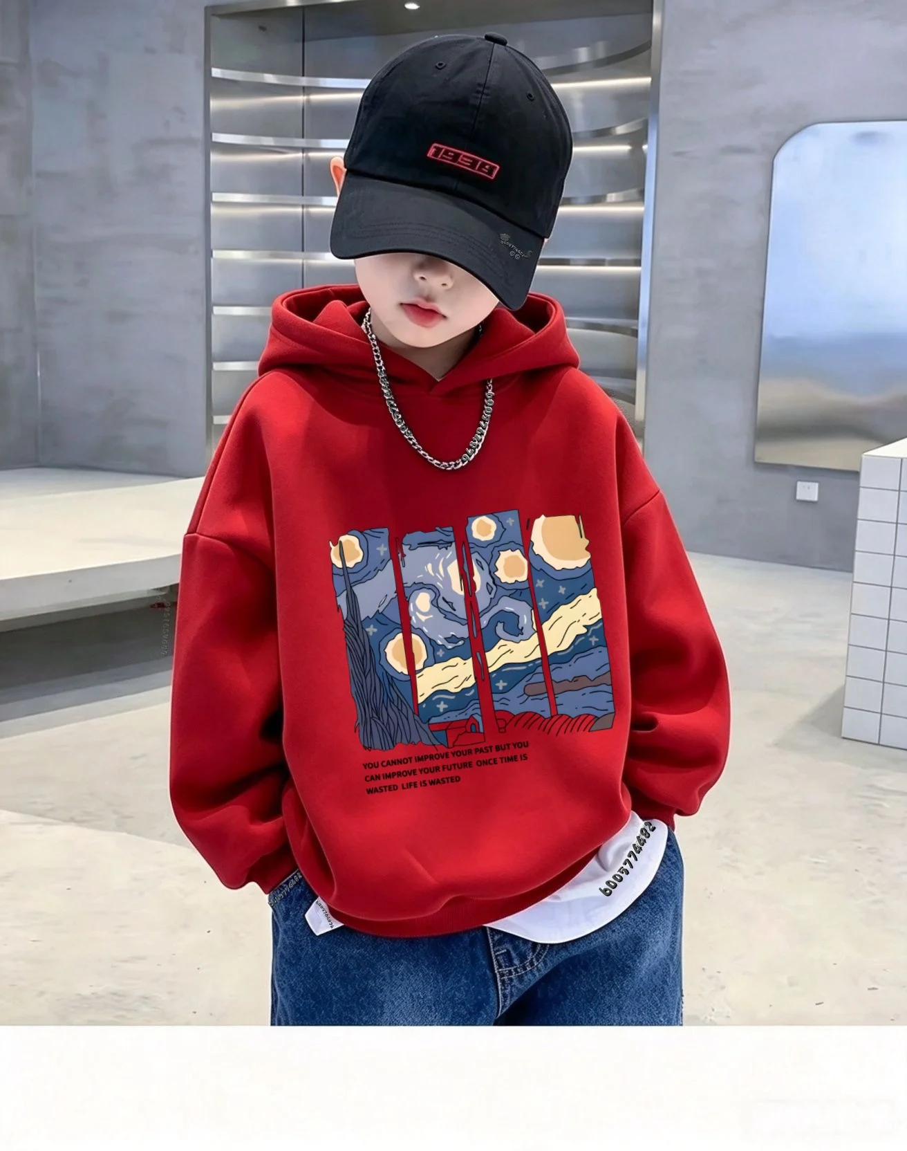 Kids Starry Night Art Painting Print Fleece Hoodie, Warm Breathable Loose Casual Pullover Sweatshirt, Boys Girls Hooded Tops