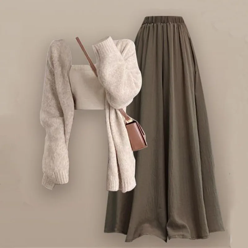 Fall/Winter Wear 2024 New Lazy Style Fashionable Unique Sweater Slimming Strap with Casual Pants and Skirts 3-Piece Set Pant Set