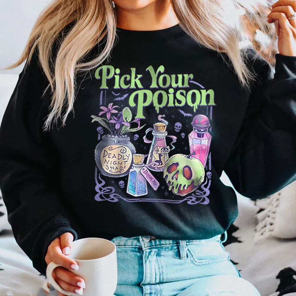 Pick Your Poiso Princess Halloween Sweatshirt Halloween Posi Apple Skull Print Jumper Spooky Season Villain Gothic Sweatshirt
