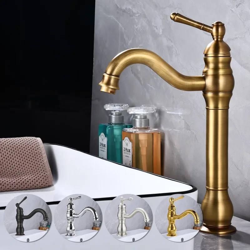 

Antique Basin Faucet Brass Single Handle 360 Rotation Deck Mounted Bathroom Basin Faucet Hot Cold Mixer Tap Vessel Sink Crane