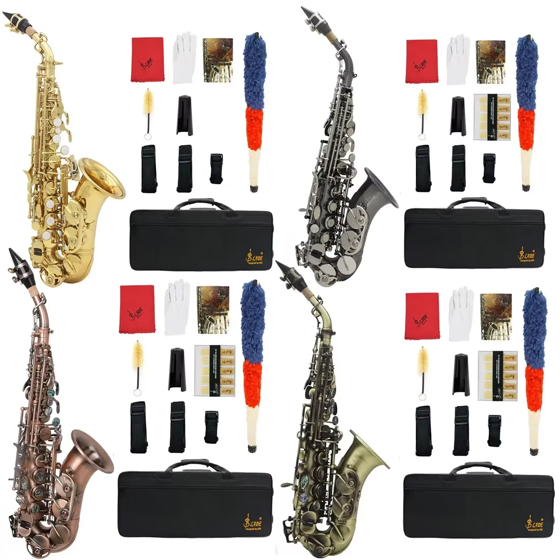 Soprano Saxophone Brass Golden Carve Pattern Sax Pearl White Shell Buttons Mouthpiece Reeds Neck Wind Instrument Accessories